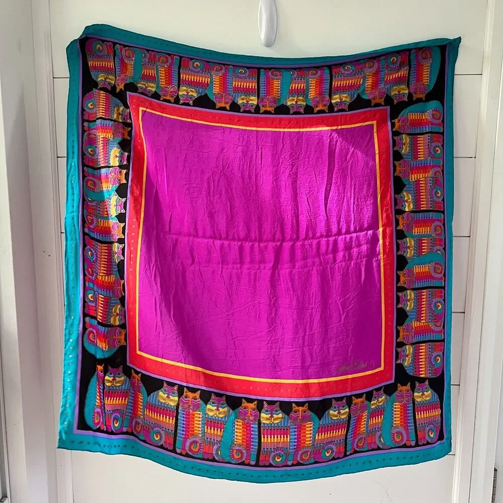 Vibrant Pink Cat Print Silk-Feel Scarf